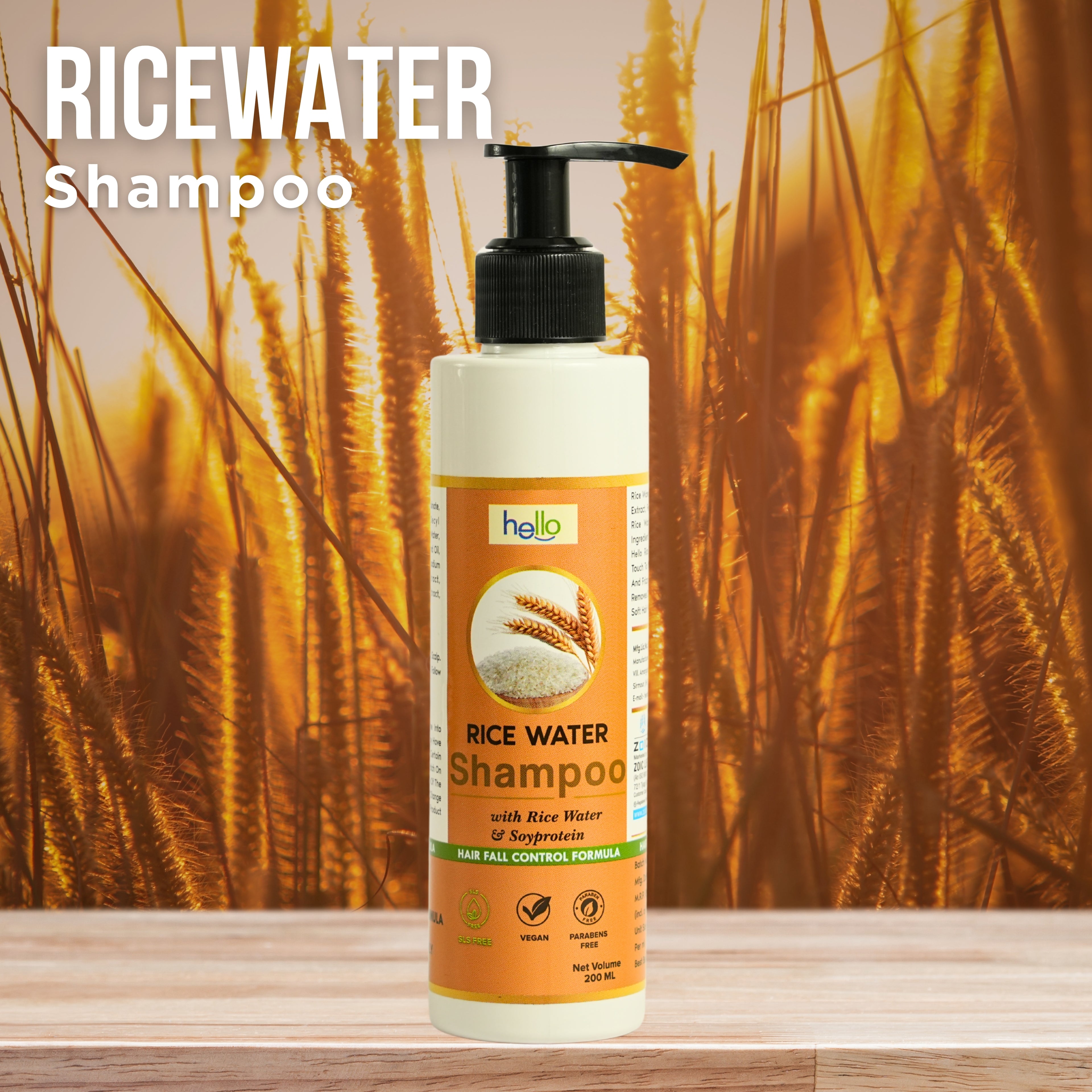 Hello Rice Water & Soy Protein Shampoo – Hair Fall Control Formula (200ml)